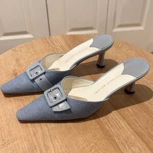 ANTONIO MELANI Denim Blue Pointed-Toe Mule Heels with Buckle Vintage Y2K Size 7